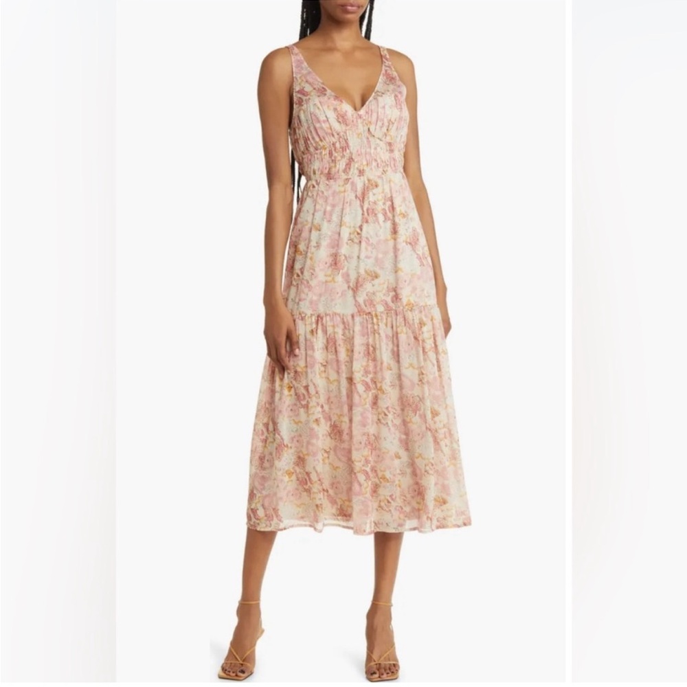 FLORET STUDIOS Smocked Waist Corset Detail Midi Dress, Size S